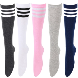 Detail of five colored striped knee-high socks featuring classic triple athletic bands