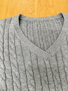 Macro shot of V-neckline featuring classic grey cable-knit patterns and ribbed texture