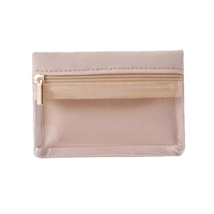 Portable beige velvet jewelry pouch with clear PVC window and golden zipper closure