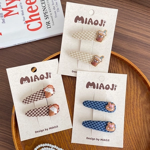 Three pairs of Korean-style plaid fabric BB hair clips with cute animal and coffee patterns