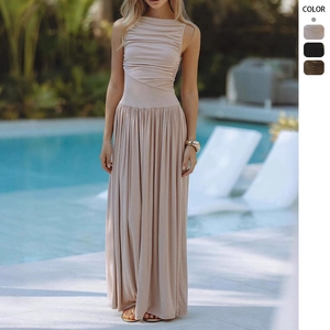 Abito Lungo Senza Maniche Con Arricciatura Tinta Unita Poliestere Scollo Rotondo Stile Resort Estivo Per Donna