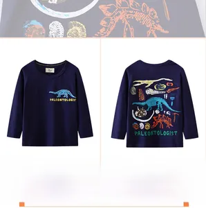 Detailed back print of dinosaur skeleton and fossils on navy blue cotton long sleeve t-shirt