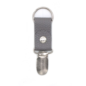 Grey faux leather travel hat clip with metal ring and lychee texture for outdoor bags