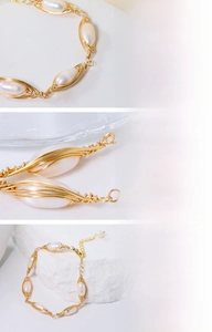 Close-up of handmade 18K gold plated wire wrapped natural freshwater pearl bracelet details