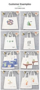 Customer case display of diverse custom print patterns on off-white canvas tote bags