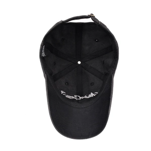 Vintage washed black cotton baseball cap showing internal embroidery and adjustable strap