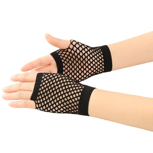 Close-up of black mesh fishnet fingerless gloves showing elastic texture and hollow design
