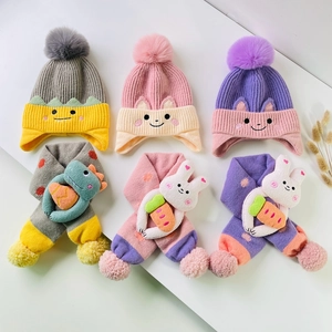 Kids Knitted Hat And Scarf Warm Winter Cartoon Animal Bear Rabbit Dinosaur Acrylic Pom Pom For Toddler
