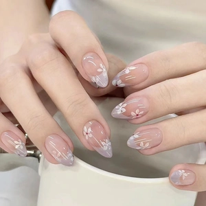 French Tip Press On Nails Almond Shape Lavender Purple Gradient White Daisy Pattern Glossy ABS Plastic False Nails