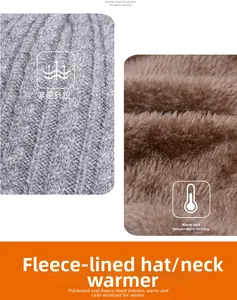 Close-up of winter knit beanie showing outer grey fabric and thick fleece inner lining