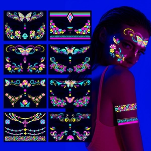 Fluorescent glow neon face tattoos with butterfly and floral designs for festivals
