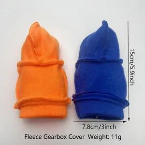 Car gear shift hoodie covers in orange and blue velvet with dimensions 5.9x3 inches
