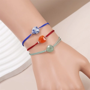 Three heart-shaped natural stone bracelets with woven adjustable ropes for women