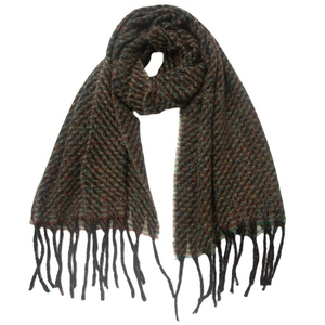 Close-up of mixed herringbone texture and black tassel details on multicolor woven scarf