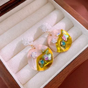 Vintage Drop Earrings Alloy Resin Crystal Rhinestone Butterfly Flower Oil Drop Style With Silver Earring Post For Women