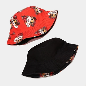 Double-sided sun hat with red cartoon pattern and plain black reversible design