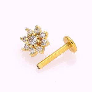 Elegant gold stainless steel labret stud with a brilliant flower-shaped zircon cluster