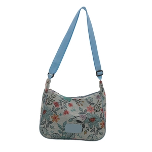 Large capacity crossbody bag with floral jacquard fabric and blue nylon strap