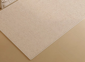 Detailed close-up of beige woven texture and cream border on a waterproof living room rug