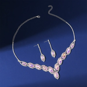 Detailed macro view of Marquise-cut colorful crystal necklace and earring bridal set