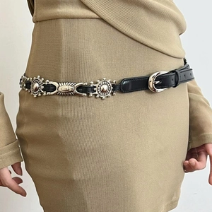 Vintage butterfly oval waist chain belt with silver floral metal plaques on black leather
