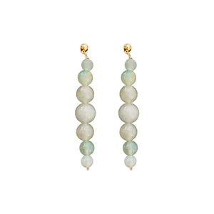 Elegant gold drop earrings featuring gradient green aventurine stone beads on white background