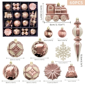 60-teiliges Set Weihnachtsschmuck in Roségold mit Schneeflocken und Zug-Anhängern