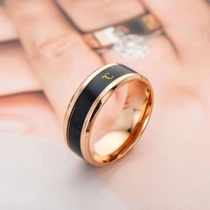 Close-up of smart temperature sensor ring in black and rose gold stainless steel