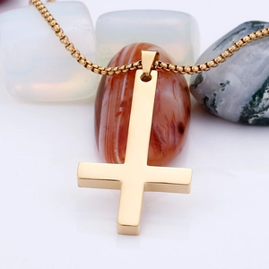 Men's gold-plated stainless steel inverted cross pendant on a sturdy round box chain