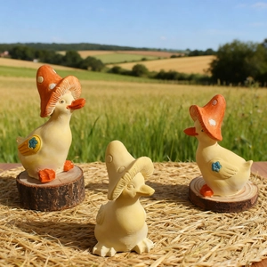 Three duck figurines with mushroom hats on hay bales under a bright sunny blue sky