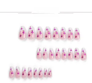 Detail showing 24pcs long stiletto press on nails with purple starburst on pink base