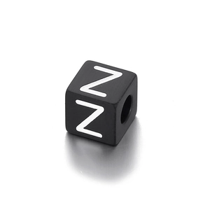 Square black titanium steel charm bead with white engraved letter Z for DIY bracelet