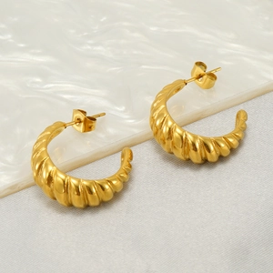 Stainless Steel Hoop Earrings 18K Gold Plated Croissant Ribbed Twisted Geometric Design Fashion Jewelry For Women
