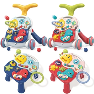 Multifunctional baby walker and activity table with music and basketball hoop