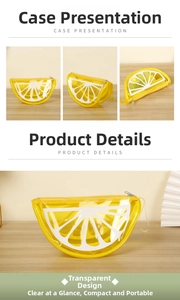 Detail of a lemon-shaped PVC cosmetic bag with waterproof zipper and portable strap
