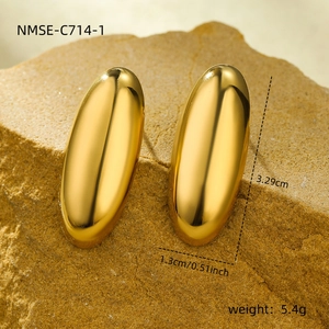 Polished 18K gold stainless steel oval capsule earrings with dimensional measurements