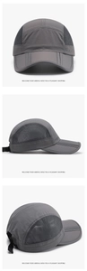 Three-view detail of a foldable grey mesh sports cap showing quick-dry fabric and mesh sides