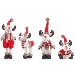 Set di quattro bambole di peluche renne di Natale in rosso e grigio con gambe telescopiche