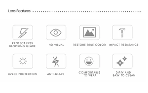 Detail icons showing UV400 protection and impact resistant lens for cat eye sunglasses