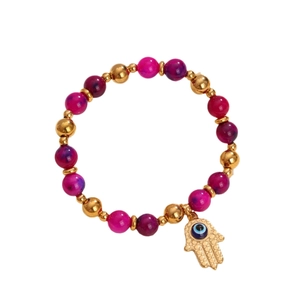 Pink and purple beaded stretch bracelet with golden Hamsa Hand and Evil Eye charm