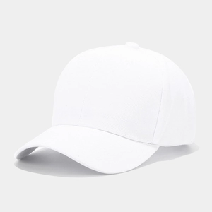 Detailed view of the white cotton twill fabric texture and stitching on the baseball cap