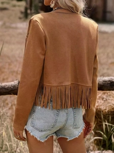Detail of brown suede fringe jacket showing long tassels and bohemian western style