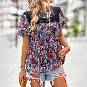 Floral print chiffon top with black lace short sleeves for women in a street style look