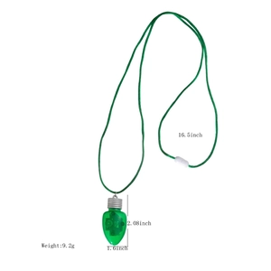 Detailed view of green light-up bulb necklace with dimension measurements and components
