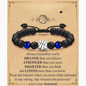 Detail of adjustable braided basketball bracelet on inspirational gift card for son