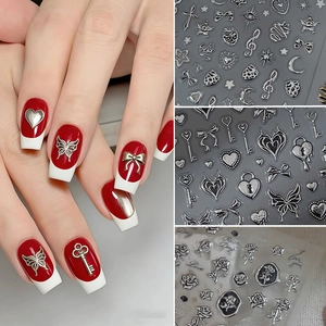 3D Metallic Nail Art Stickers Gold Silver Relief Gothic Star Moon Heart Knight Rose Self Adhesive DIY Decor For Women