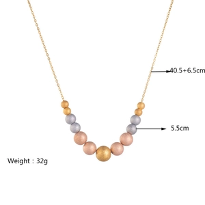 Three-tone matte beaded titanium steel chain necklace with adjustable 40.5+6.5cm length
