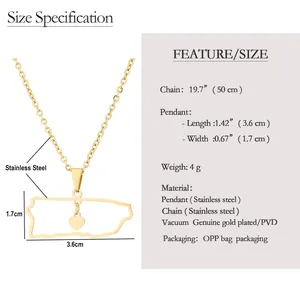 Detailed size chart for stainless steel Puerto Rico map pendant necklace with measurements