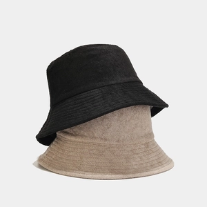 Soft terry cloth bucket hat in black and beige, breathable outdoor sun protection headwear