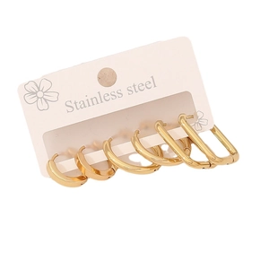 Set of three golden stainless steel geometric hoop and rectangle earrings for women